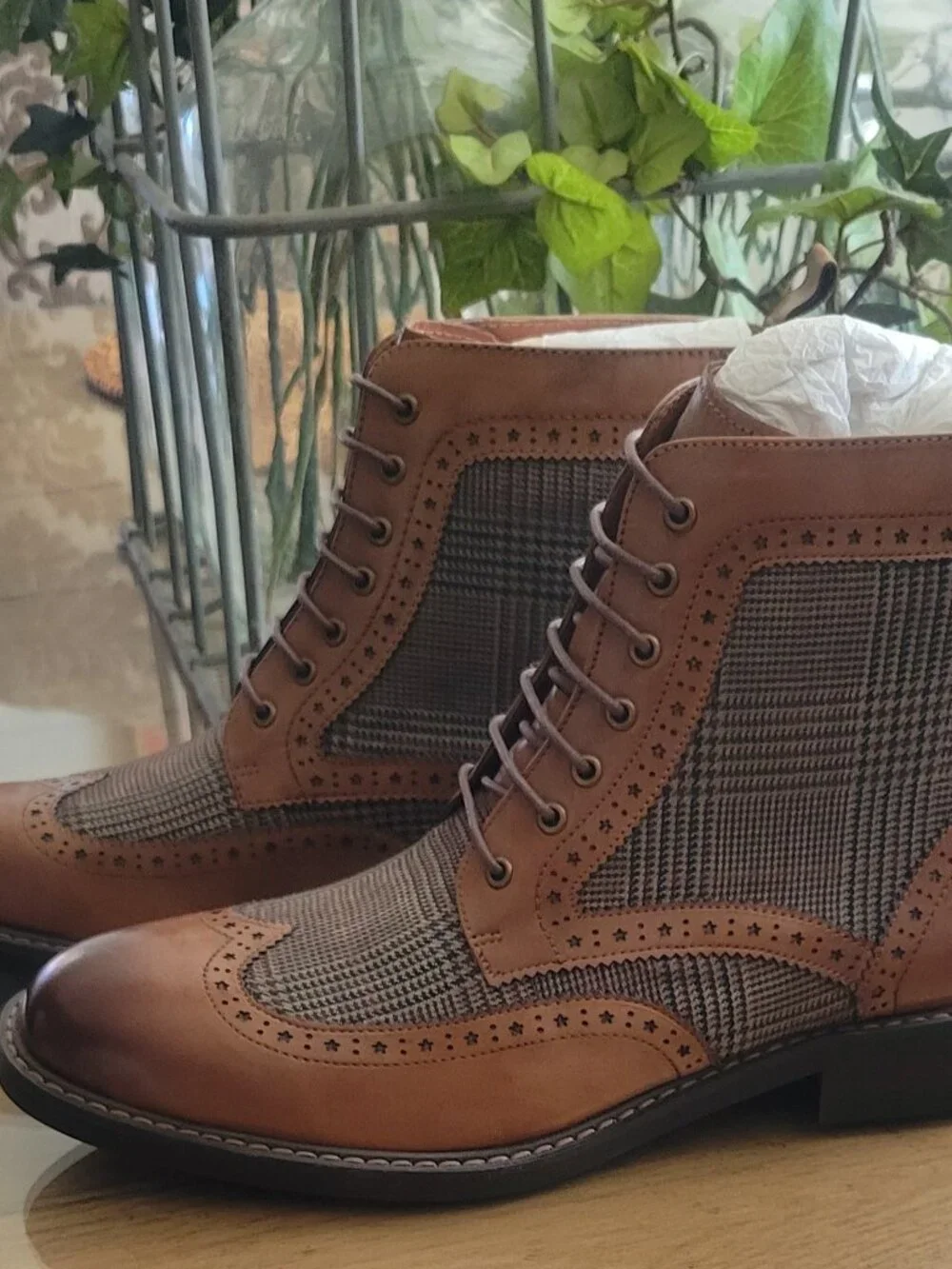 Vintage Foundry Co Men's Dress Ankle Boots Brown Leather Plaid Fabric 7.5M